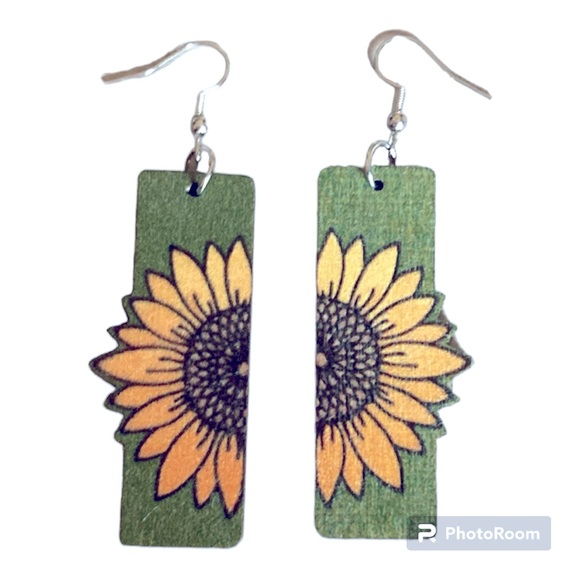 Jewelry - Sunflower Pattern Rectangle Dangle Earrings Retro Bohemian Style Wooden Jewelry
